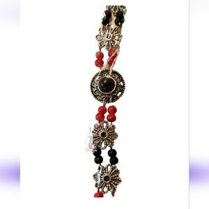 New western style beaded bracelet  extender lobster clasp blk red silver